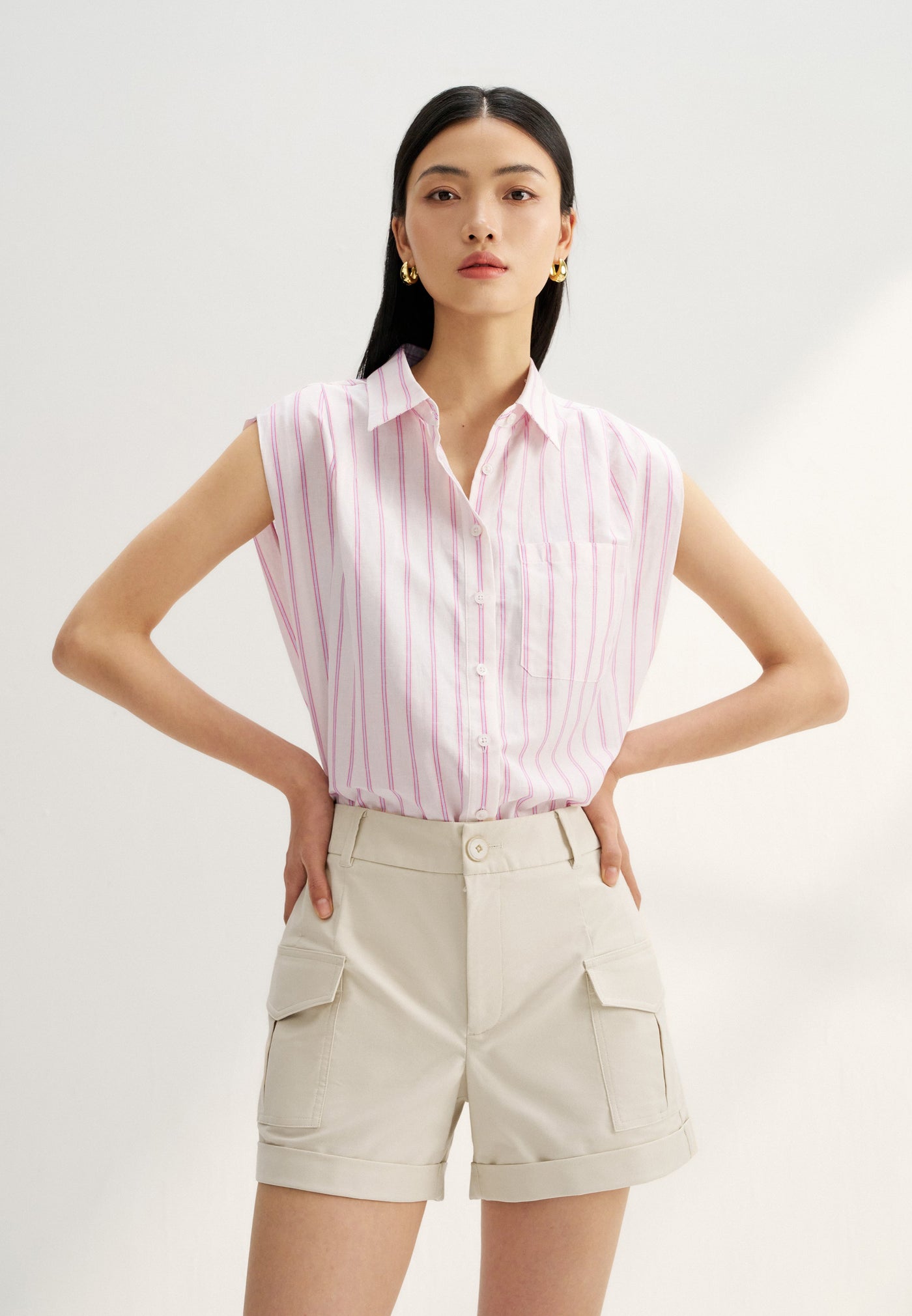 Women Clothing Cotton Linen Stripe Shirt Relaxed Fit