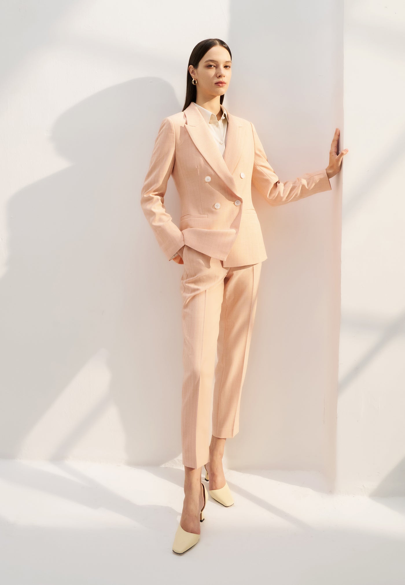 Women Clothing Dobby Stripe Suit Pants Ankle Cigarette Shape