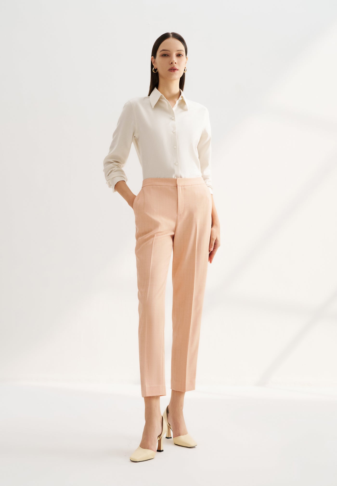 Women Clothing Dobby Stripe Suit Pants Ankle Cigarette Shape