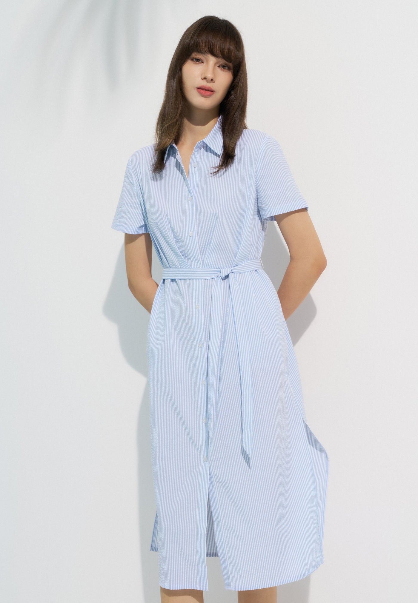 Women Clothing Seesucker Maxi Shirt Dress With Fabric Belt Shift Shape