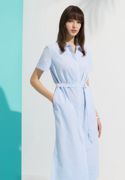 Women Clothing Seesucker Maxi Shirt Dress With Fabric Belt Shift Shape