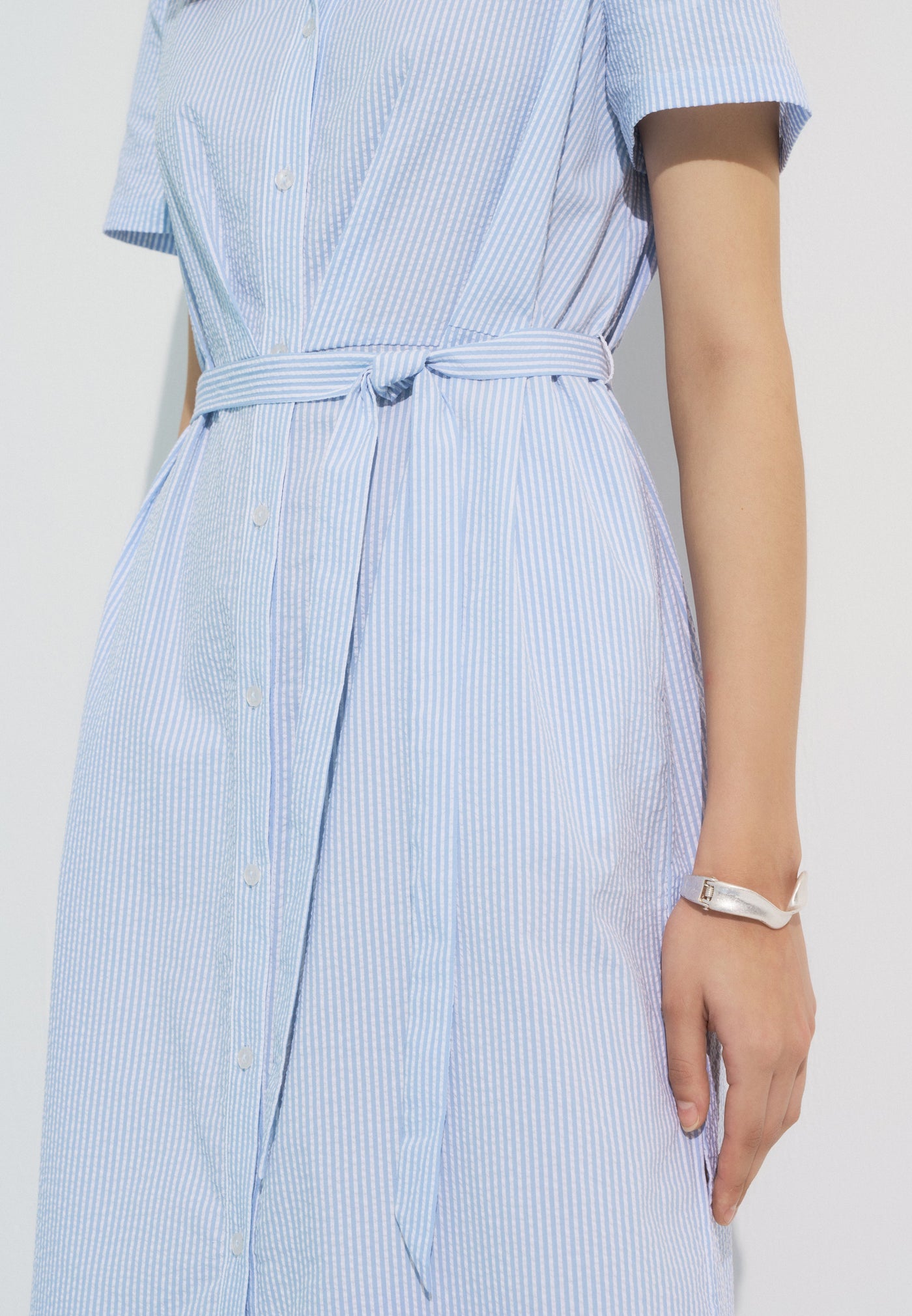 Women Clothing Seesucker Maxi Shirt Dress With Fabric Belt Shift Shape