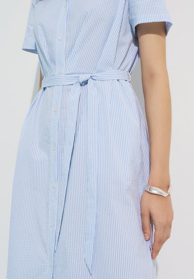 Women Clothing Seesucker Maxi Shirt Dress With Fabric Belt Shift Shape