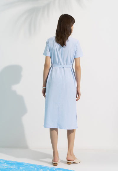 Women Clothing Seesucker Maxi Shirt Dress With Fabric Belt Shift Shape