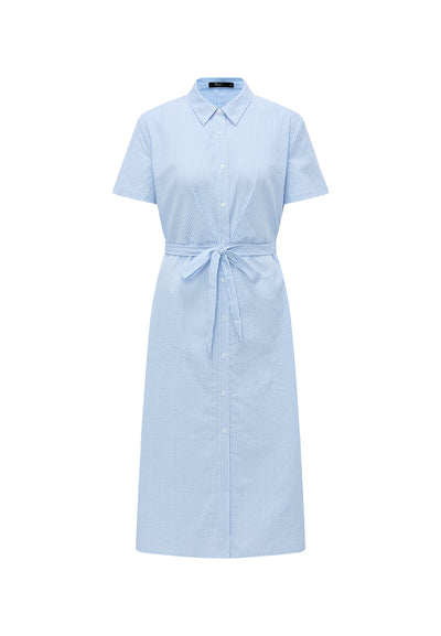Women Clothing Seesucker Maxi Shirt Dress With Fabric Belt Shift Shape