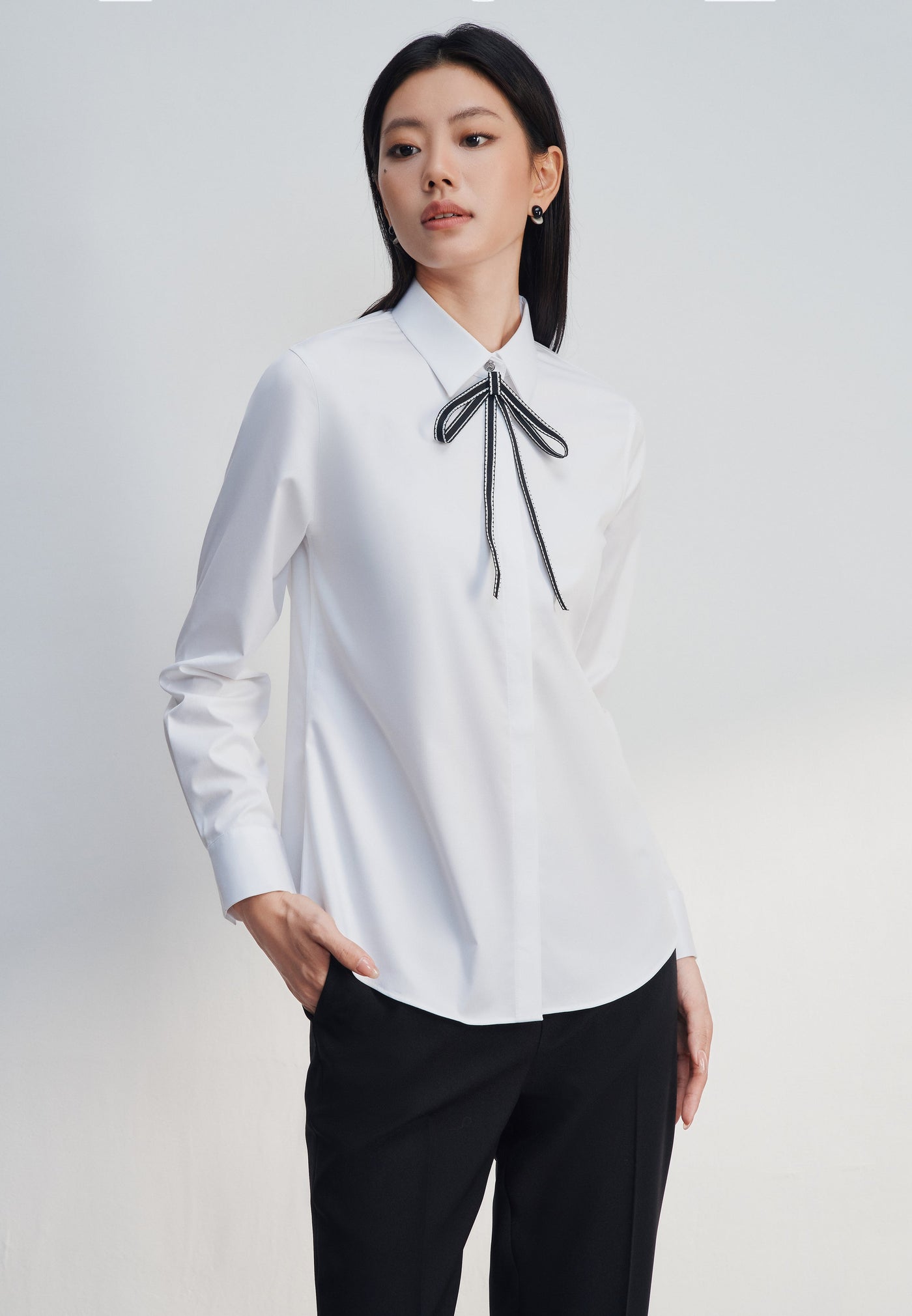 Women Clothing Modal Spandex Twill With Detachable Tie Shirt Slim Fit