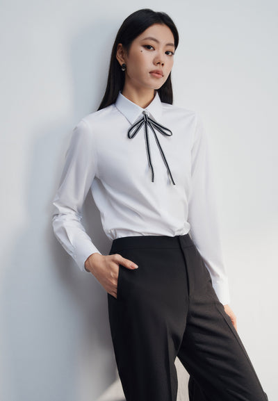 Women Clothing Modal Spandex Twill With Detachable Tie Shirt Slim Fit