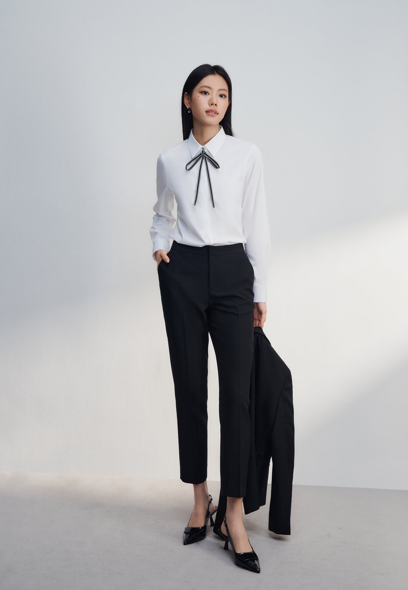 Women Clothing Modal Spandex Twill With Detachable Tie Shirt Slim Fit