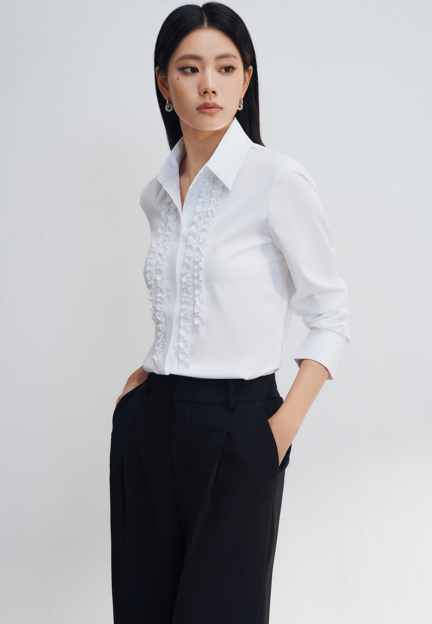 Women Clothing Modal Spandex Ruffle Trim Twill Shirt Slim Fit