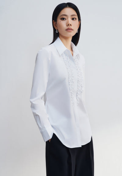 Women Clothing Modal Spandex Ruffle Trim Twill Shirt Slim Fit