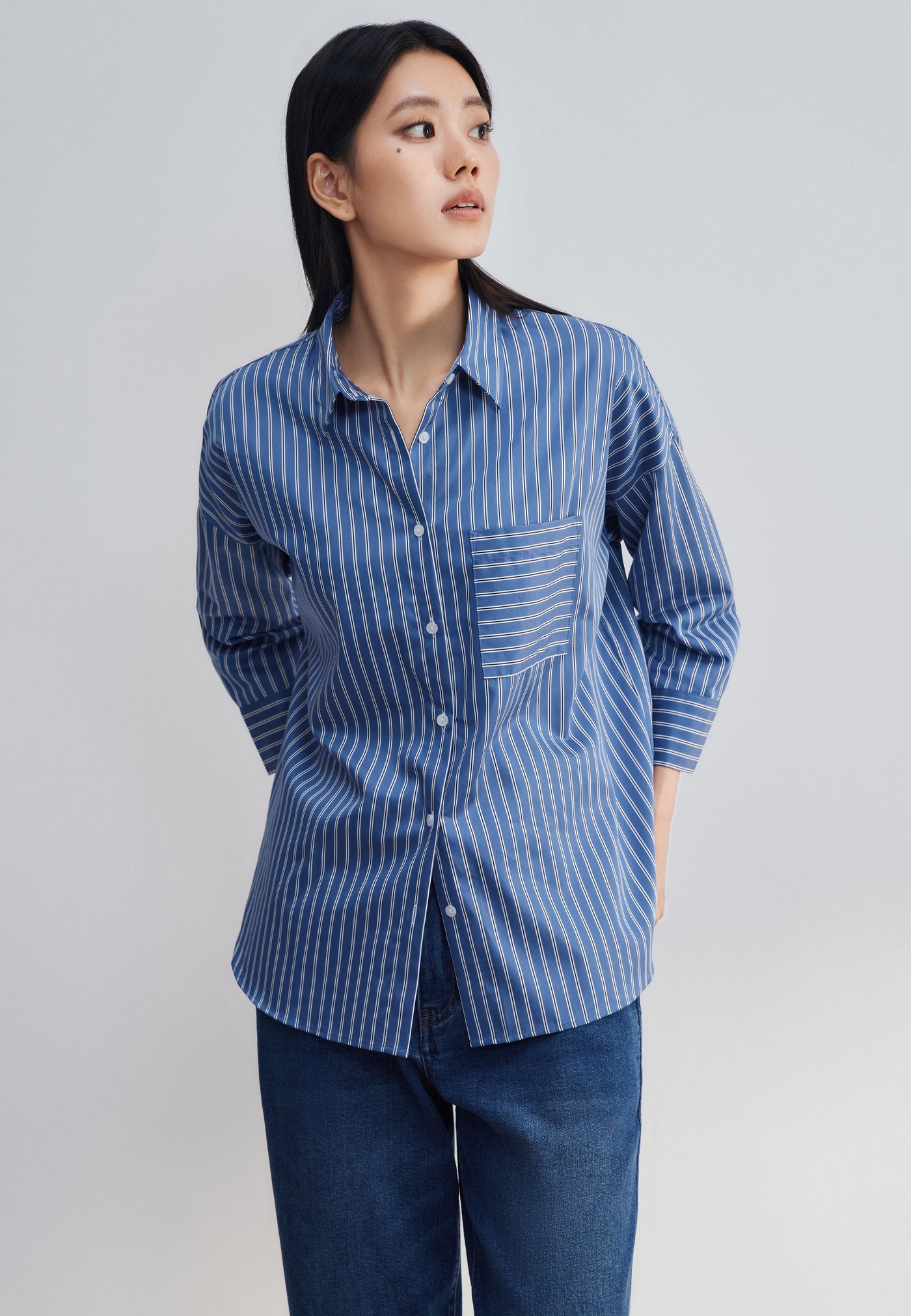 Women Clothing Easy Care Cotton Satin Striped Oversize Shirt Oversized Shape