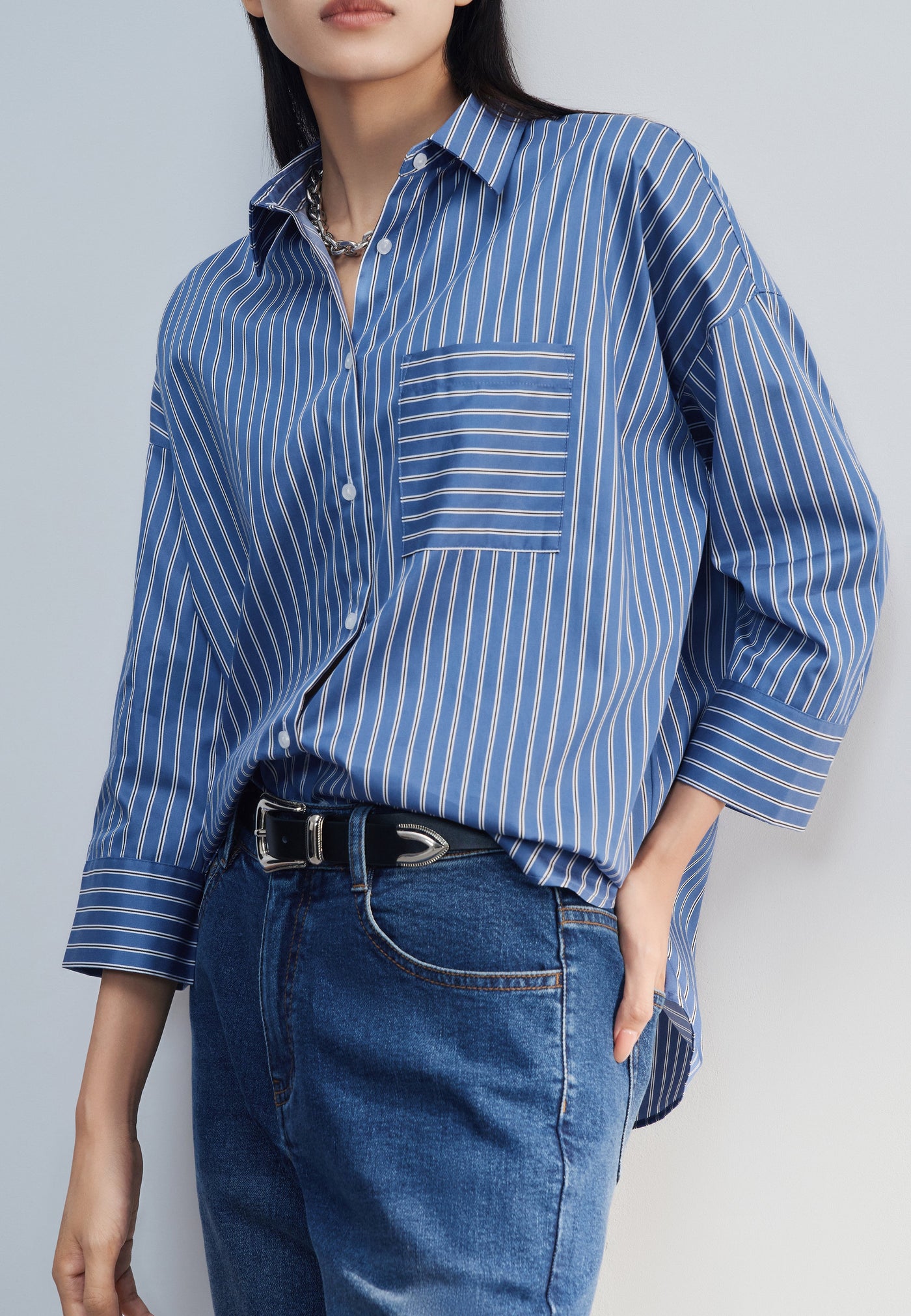 Women Clothing Easy Care Cotton Satin Striped Oversize Shirt Oversized Shape