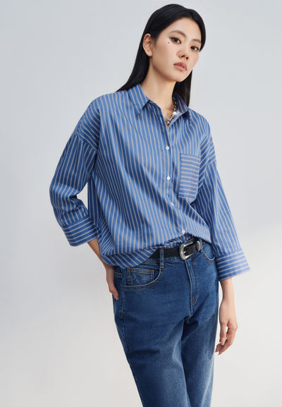 Women Clothing Easy Care Cotton Satin Striped Oversize Shirt Oversized Shape