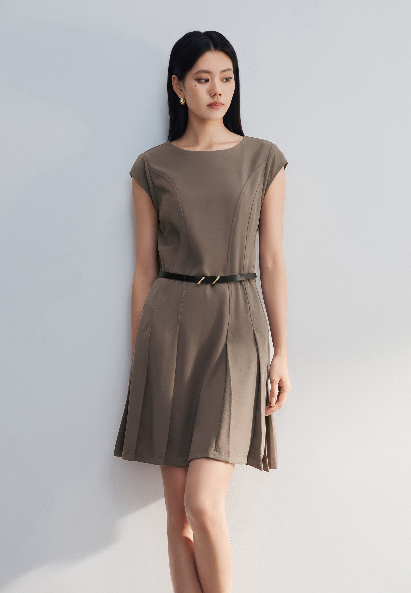 Women Clothing Pleated Fit & Flare Dress W/ Belt Fit & Flare Shape