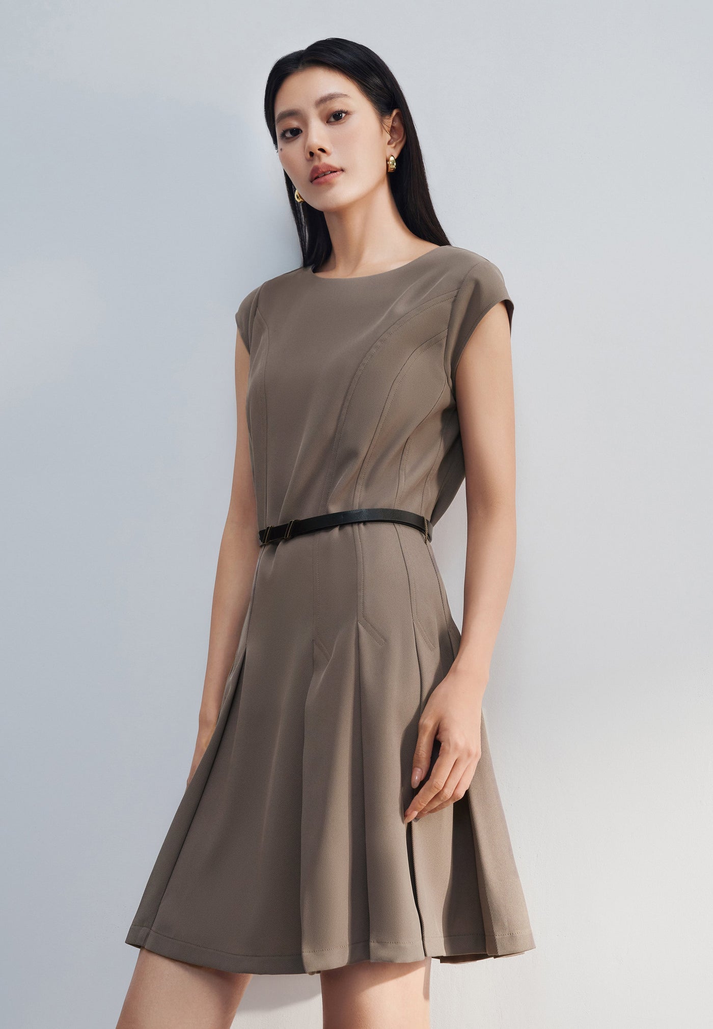 Women Clothing Pleated Fit & Flare Dress W/ Belt Fit & Flare Shape