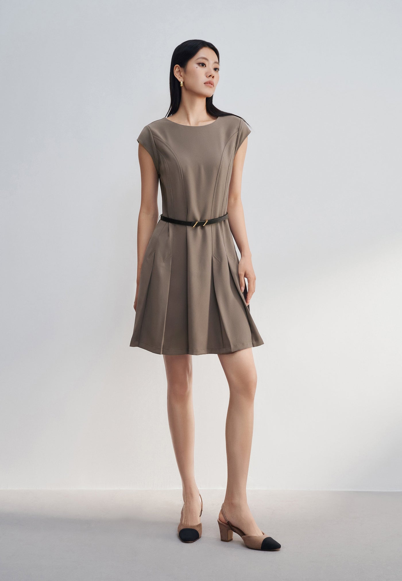 Women Clothing Pleated Fit & Flare Dress W/ Belt Fit & Flare Shape