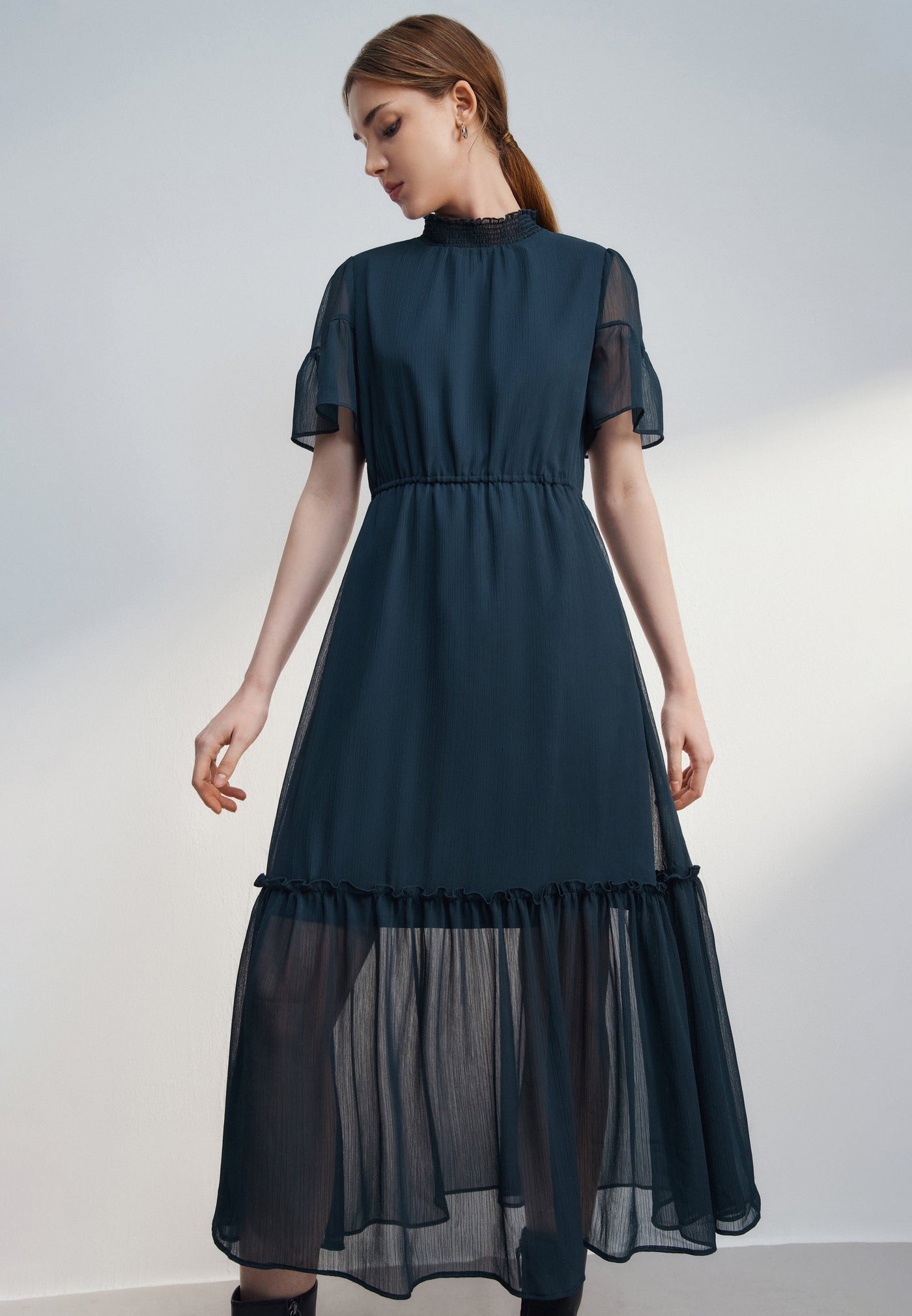 Women Clothing Crepe Smock Neck Maxi Dress Fit & Flare Shape