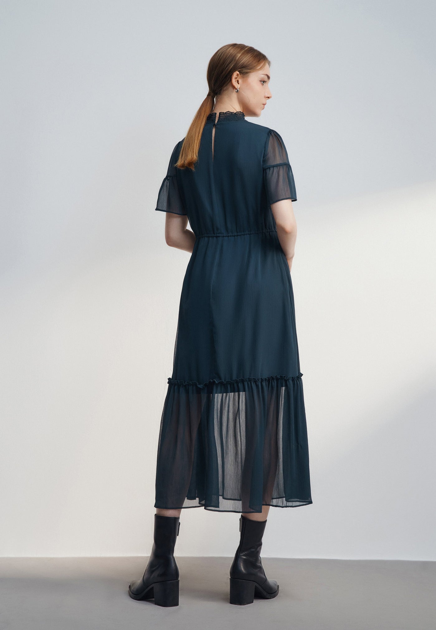 Women Clothing Crepe Smock Neck Maxi Dress Fit & Flare Shape