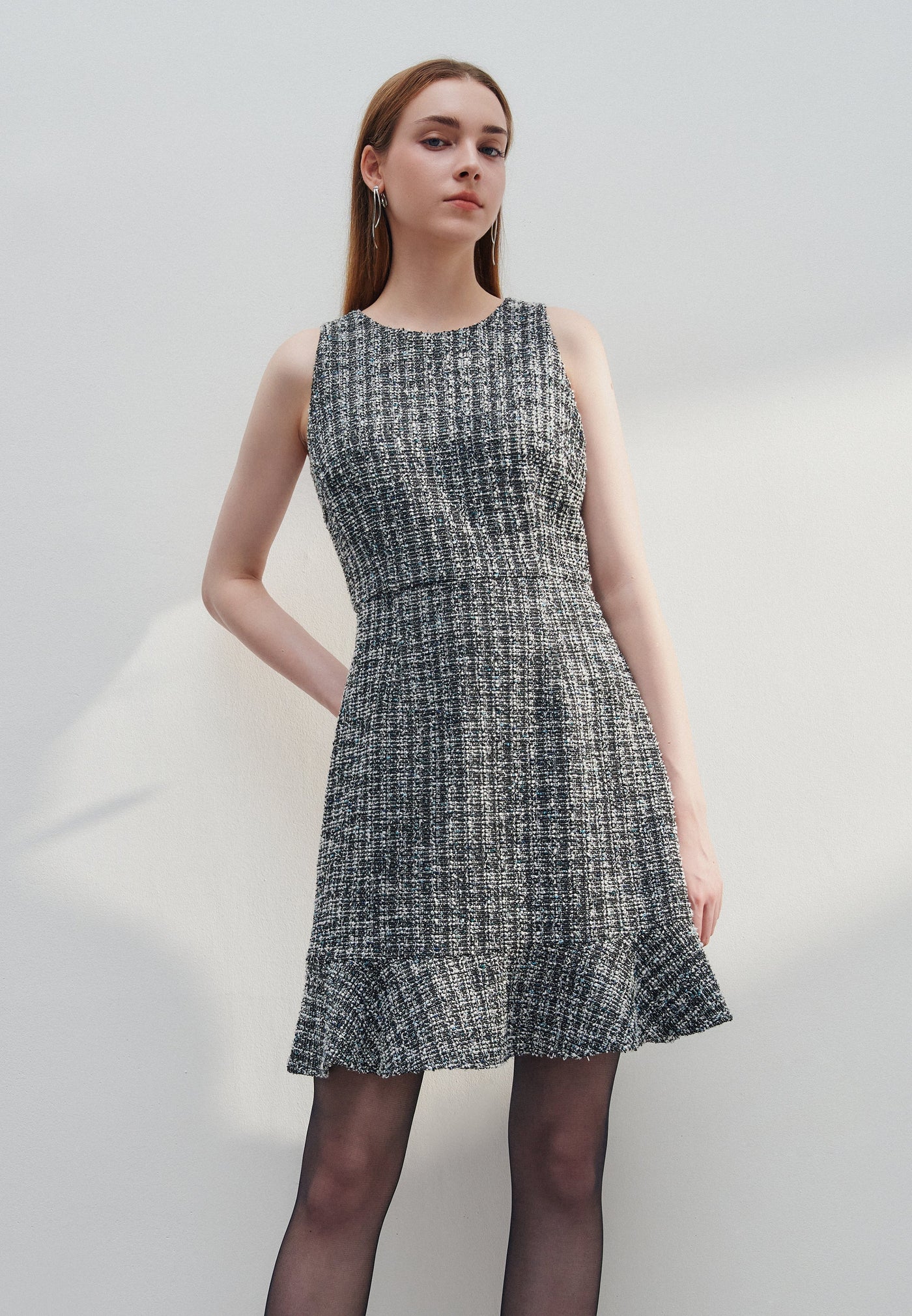 Women Clothing Mermaid Hem Bow Back Tweed Dress Fit & Flare Shape