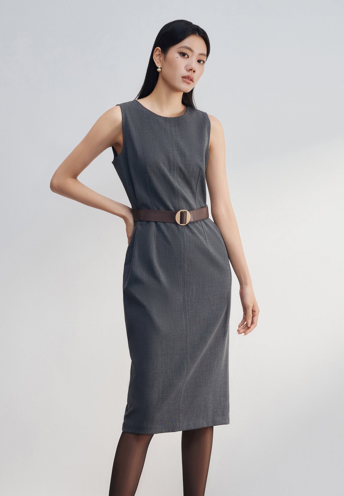 Women Clothing Fitted Dress With Belt Fitted Shape