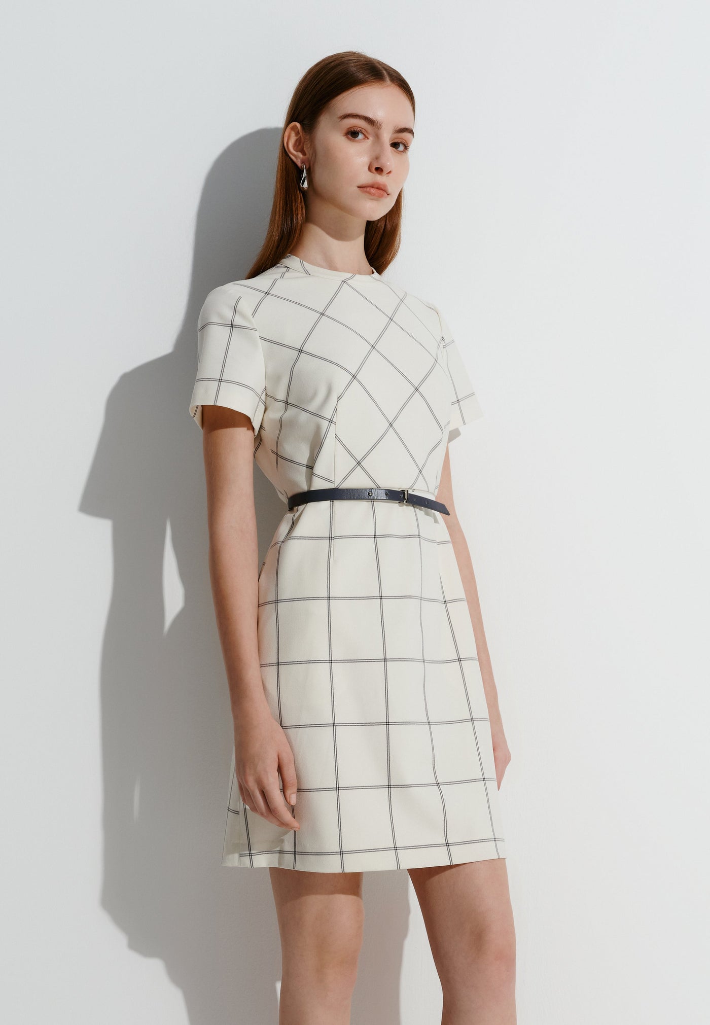 Women Clothing Checked Mock Neck With Belt Dress A-Shape