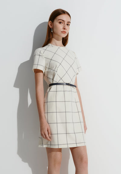 Women Clothing Checked Mock Neck With Belt Dress A-Shape