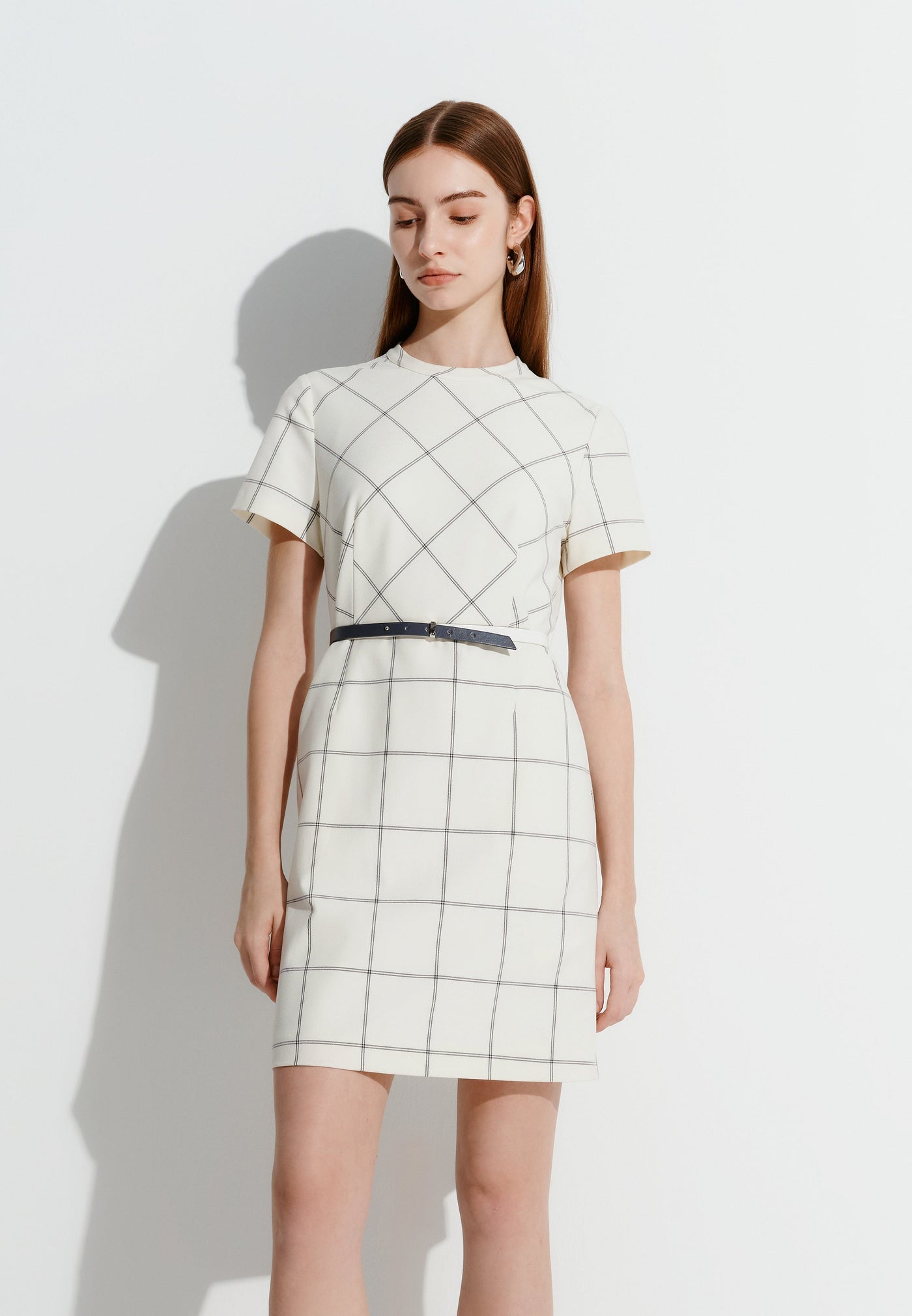 Women Clothing Checked Mock Neck With Belt Dress A-Shape