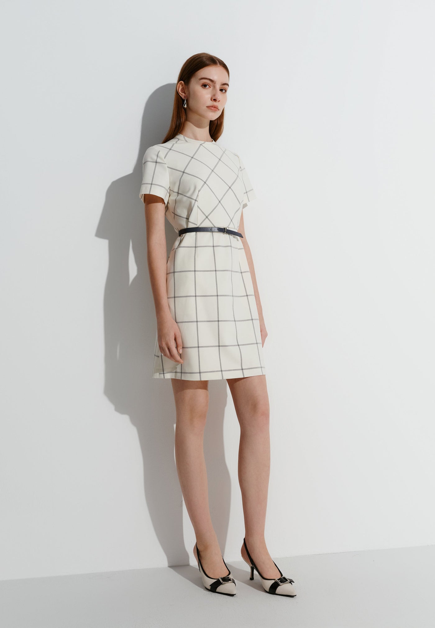 Women Clothing Checked Mock Neck With Belt Dress A-Shape