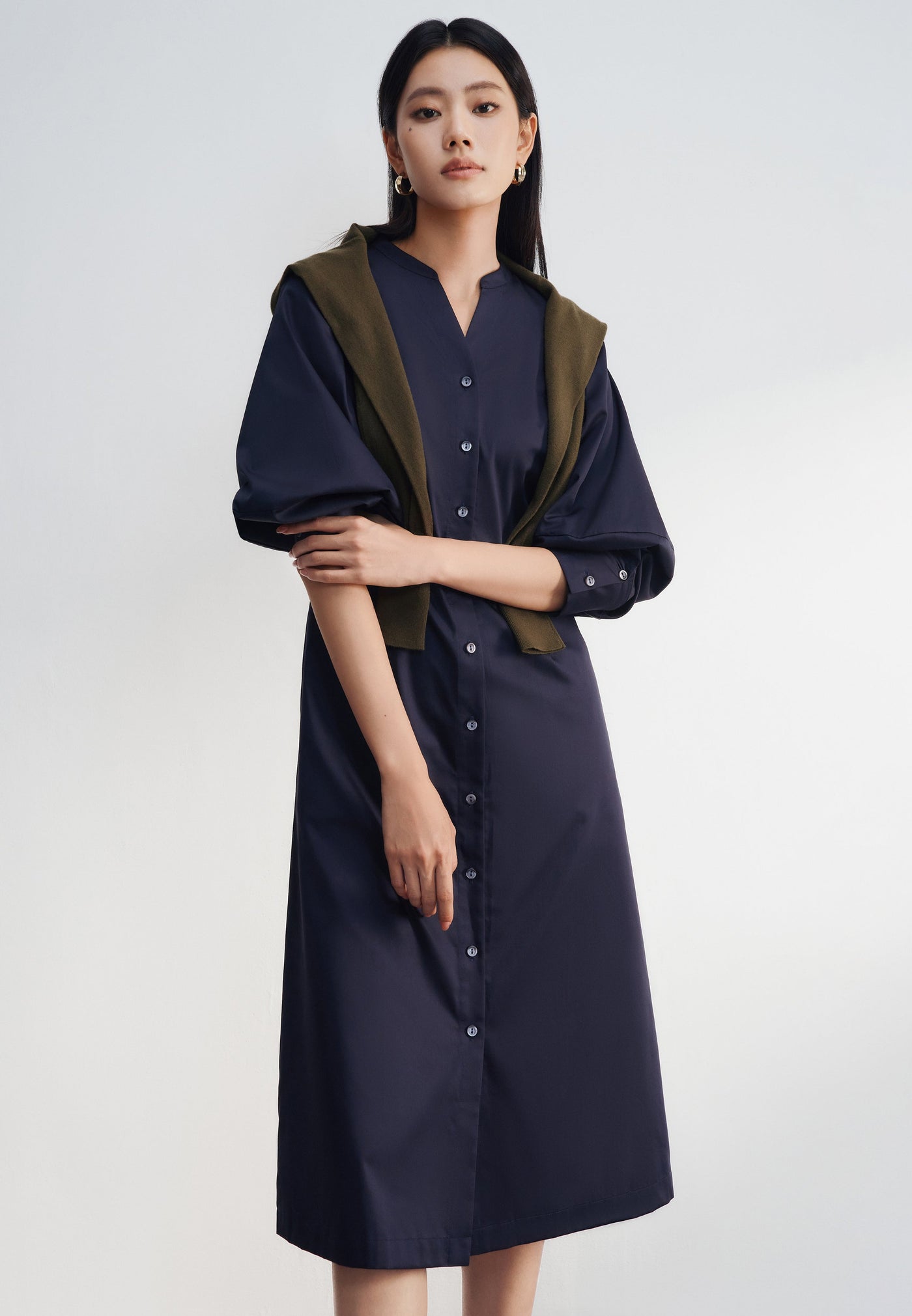 Women Clothing Puff Sleeve Shirt Dress Fit & Flare Shape