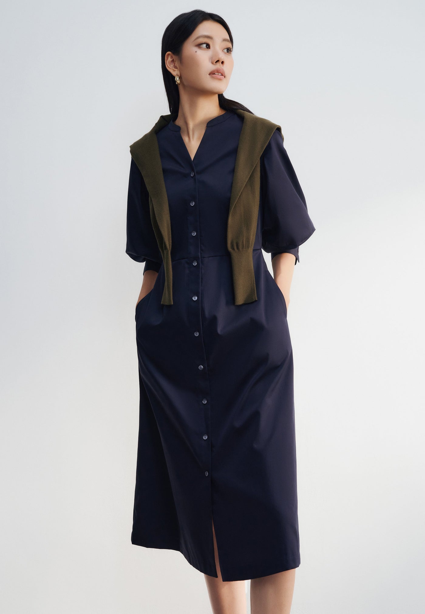 Women Clothing Puff Sleeve Shirt Dress Fit & Flare Shape