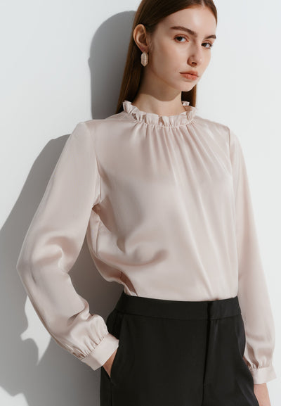 Women Clothing Satin Ruffled Stand Collar Blouse With Detachable Accessory Regular Fit