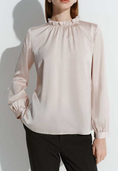 Women Clothing Satin Ruffled Stand Collar Blouse With Detachable Accessory Regular Fit