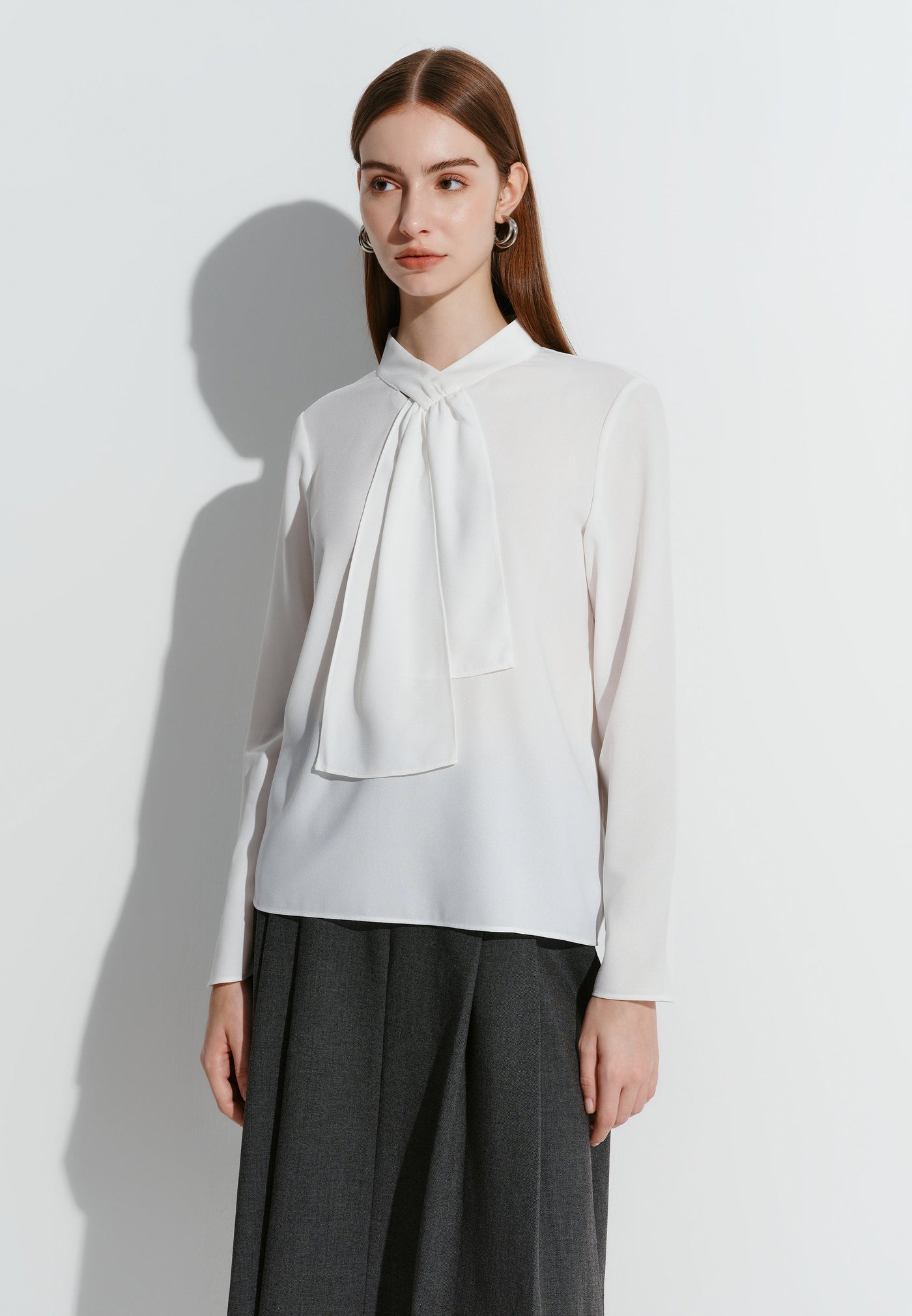 Women Clothing Crepe Tie Neck Blouse With Brooch Long Sleeve Regular Fit