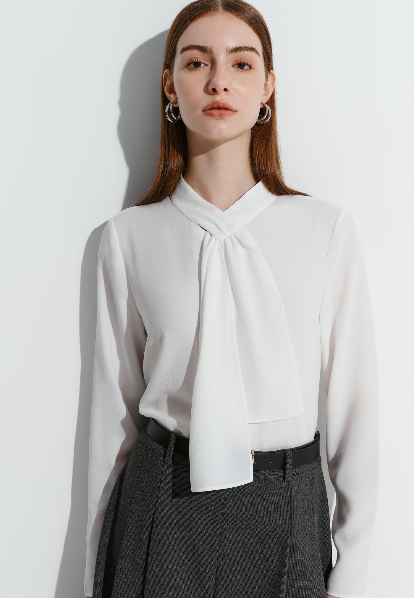 Women Clothing Crepe Tie Neck Blouse With Brooch Long Sleeve Regular Fit