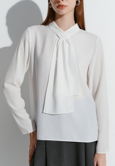 Women Clothing Crepe Tie Neck Blouse With Brooch Long Sleeve Regular Fit