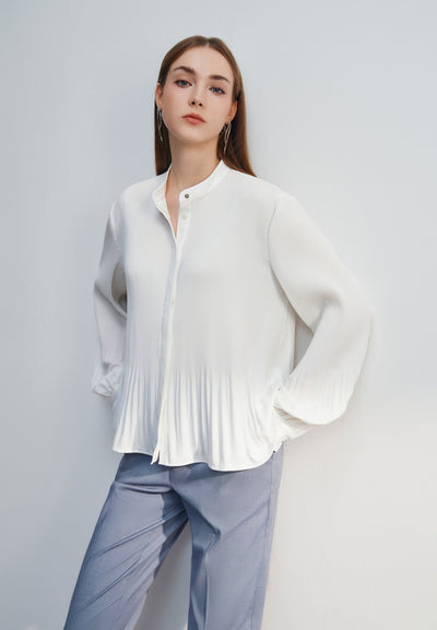 Women Clothing Crepe Stand Collar With Pleat Detail Long Sleeves Blouse Loose Fit