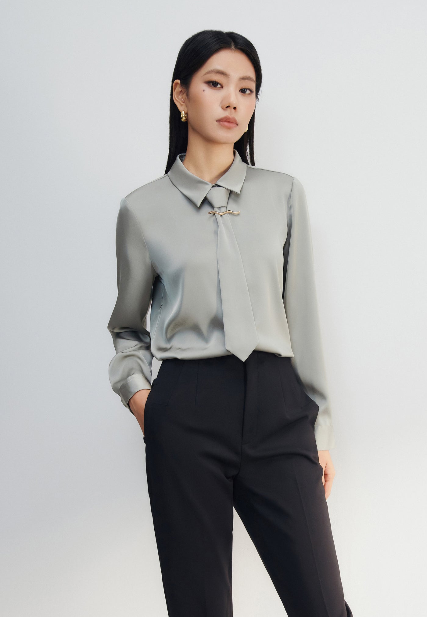 Women Clothing Satin Shirt Blouse With Detachable Necktie Long Sleeves Blouse Regular Fit