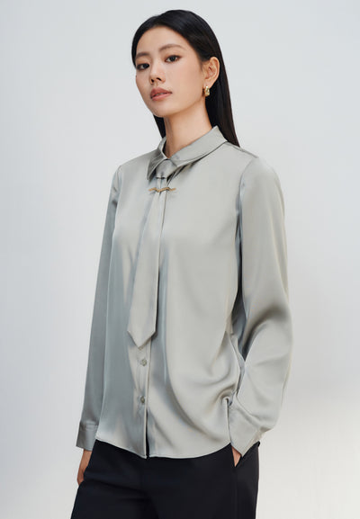 Women Clothing Satin Shirt Blouse With Detachable Necktie Long Sleeves Blouse Regular Fit