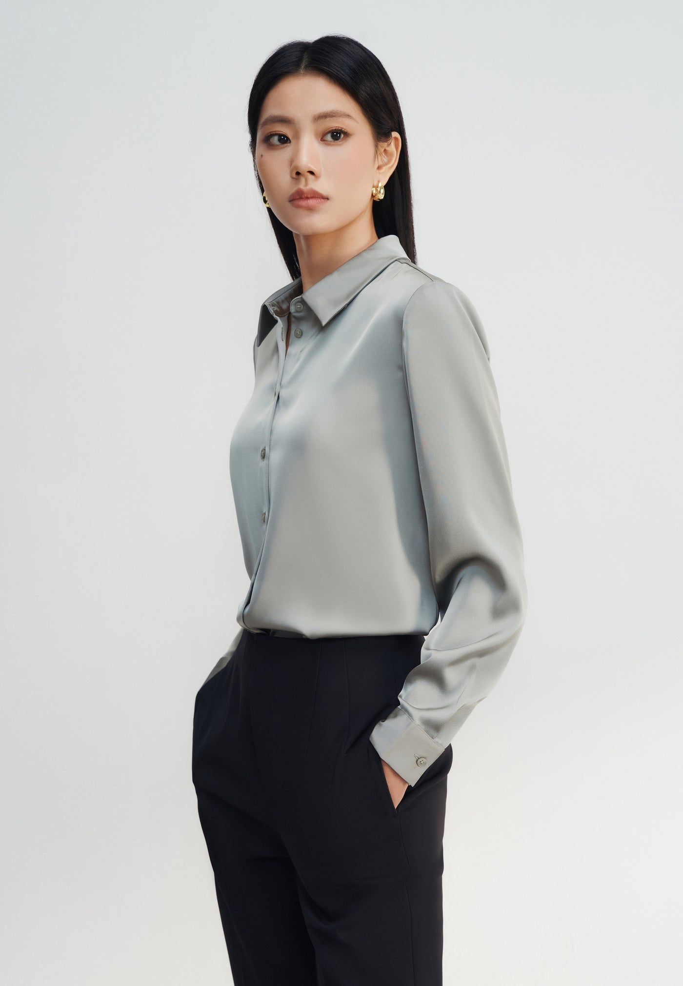 Women Clothing Satin Shirt Blouse With Detachable Necktie Long Sleeves Blouse Regular Fit