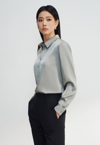 Women Clothing Satin Shirt Blouse With Detachable Necktie Long Sleeves Blouse Regular Fit