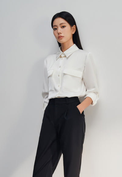 Women Clothing Satin Shirt Collar Blouse With Detachable Metal Chain & Roll Cuff Sleeve Loose Fit