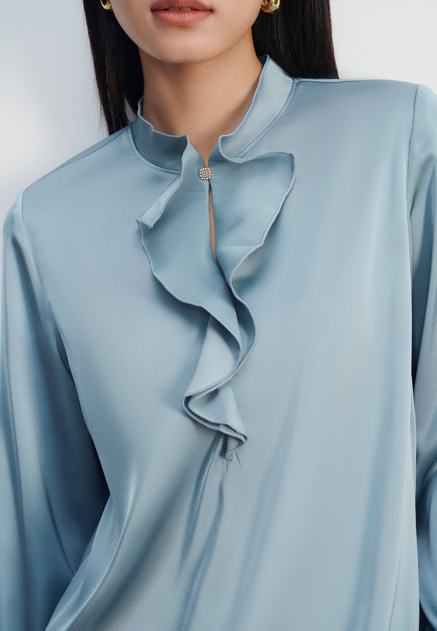 Women Clothing Satin Stand Collar Ruffled Long Sleeves Blouse Regular Fit