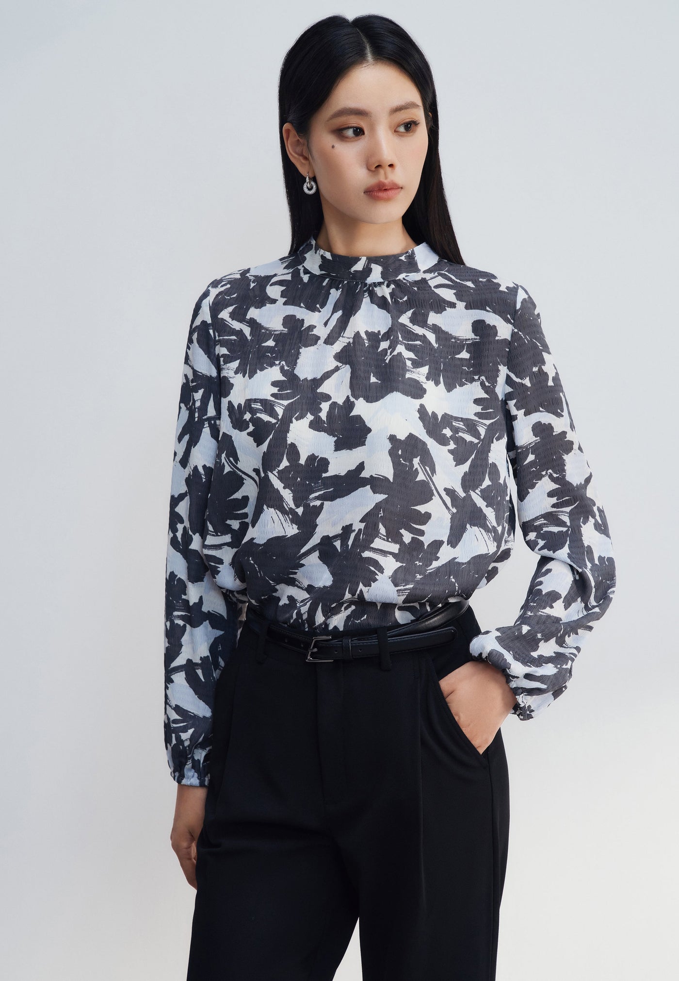 Women Clothing Chiffon Print Top With Gathering Detail Long Sleeve Blouse Regular Fit