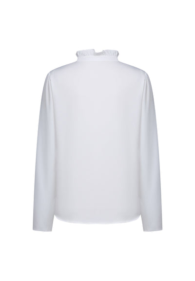 Women Clothing Crepe Ruffled Stand Collar With Double Tie Detail Long Sleeve Blouse Regular Fit