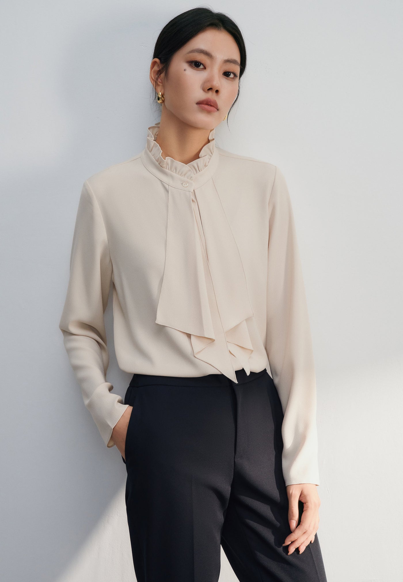 Women Clothing Crepe Ruffled Stand Collar With Double Tie Detail Long Sleeve Blouse Regular Fit