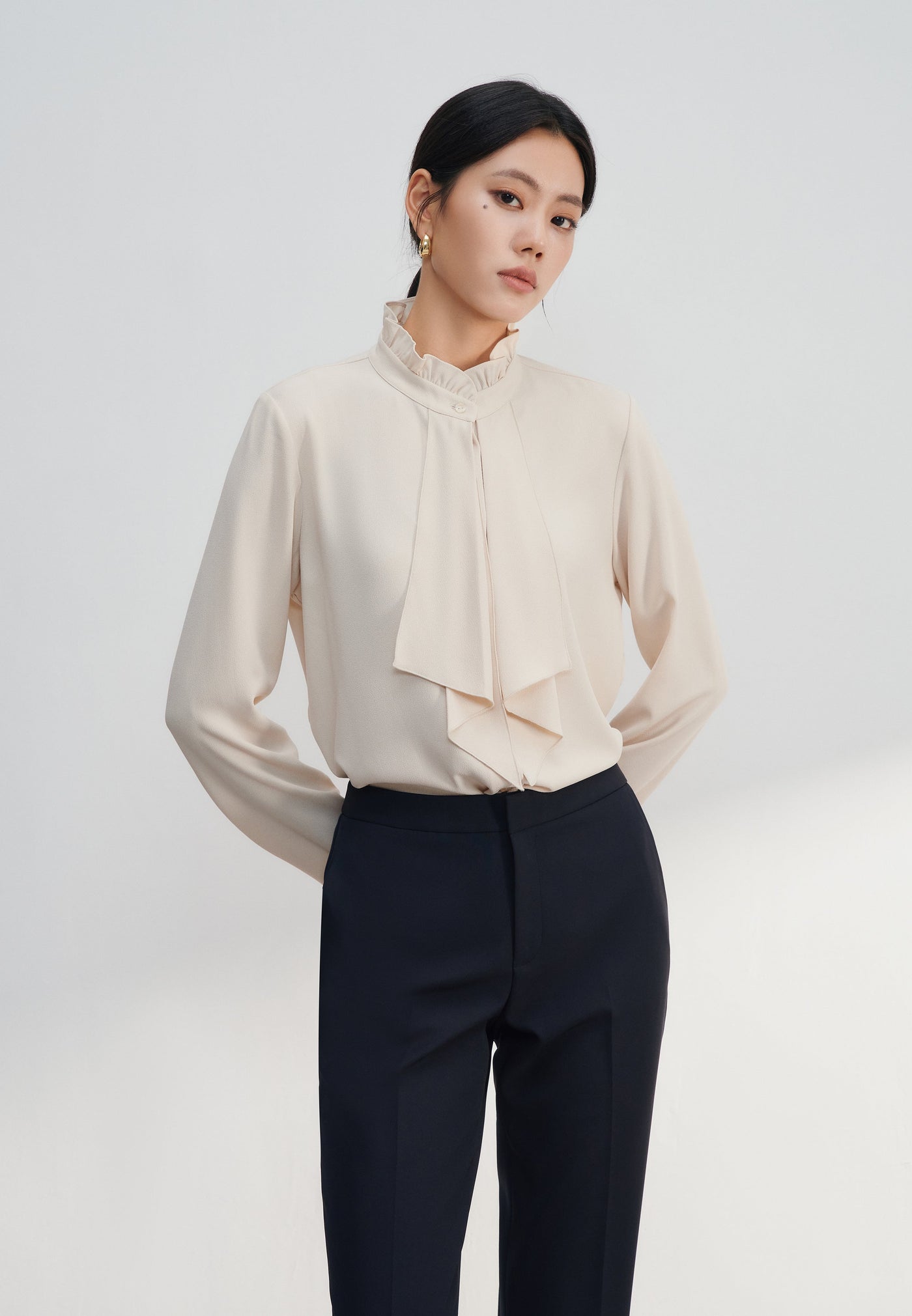 Women Clothing Crepe Ruffled Stand Collar With Double Tie Detail Long Sleeve Blouse Regular Fit