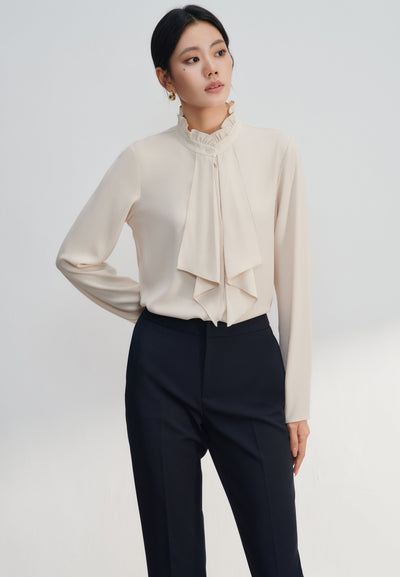 Women Clothing Crepe Ruffled Stand Collar With Double Tie Detail Long Sleeve Blouse Regular Fit