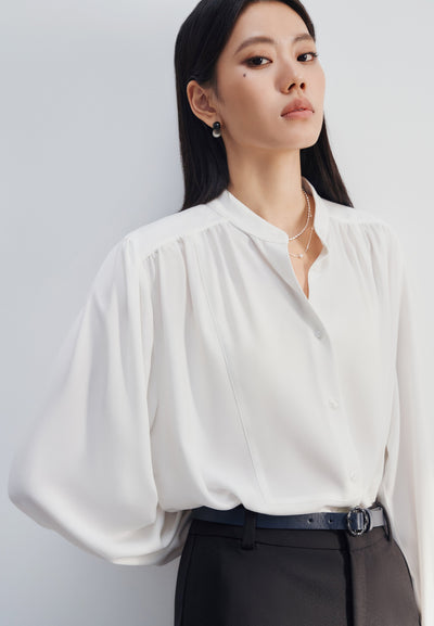 Women Clothing Crepe Volume Stand Collar Long Sleeve Blouse Loose Fit