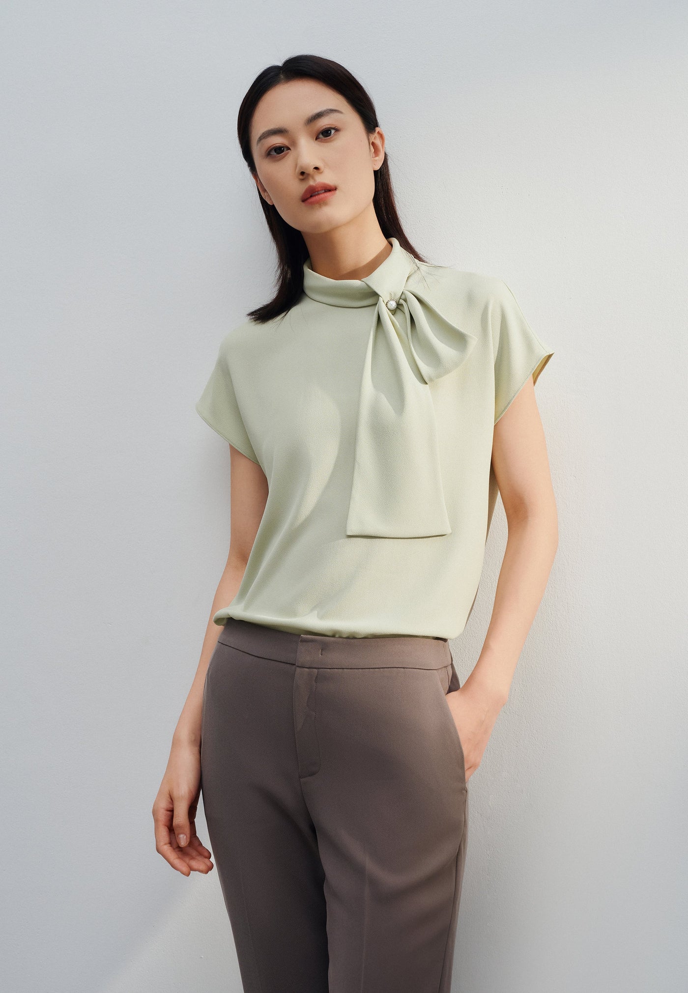 Women Clothing Crepe Stand Collar With Tie Detail Cap Sleeve Blouse Regular Fit