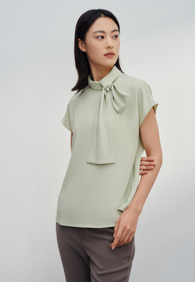 Women Clothing Crepe Stand Collar With Tie Detail Cap Sleeve Blouse Regular Fit